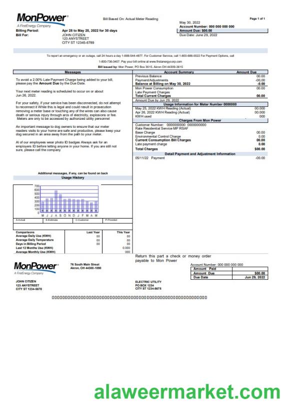 USA Mon Power utility bill template in Word and PDF format